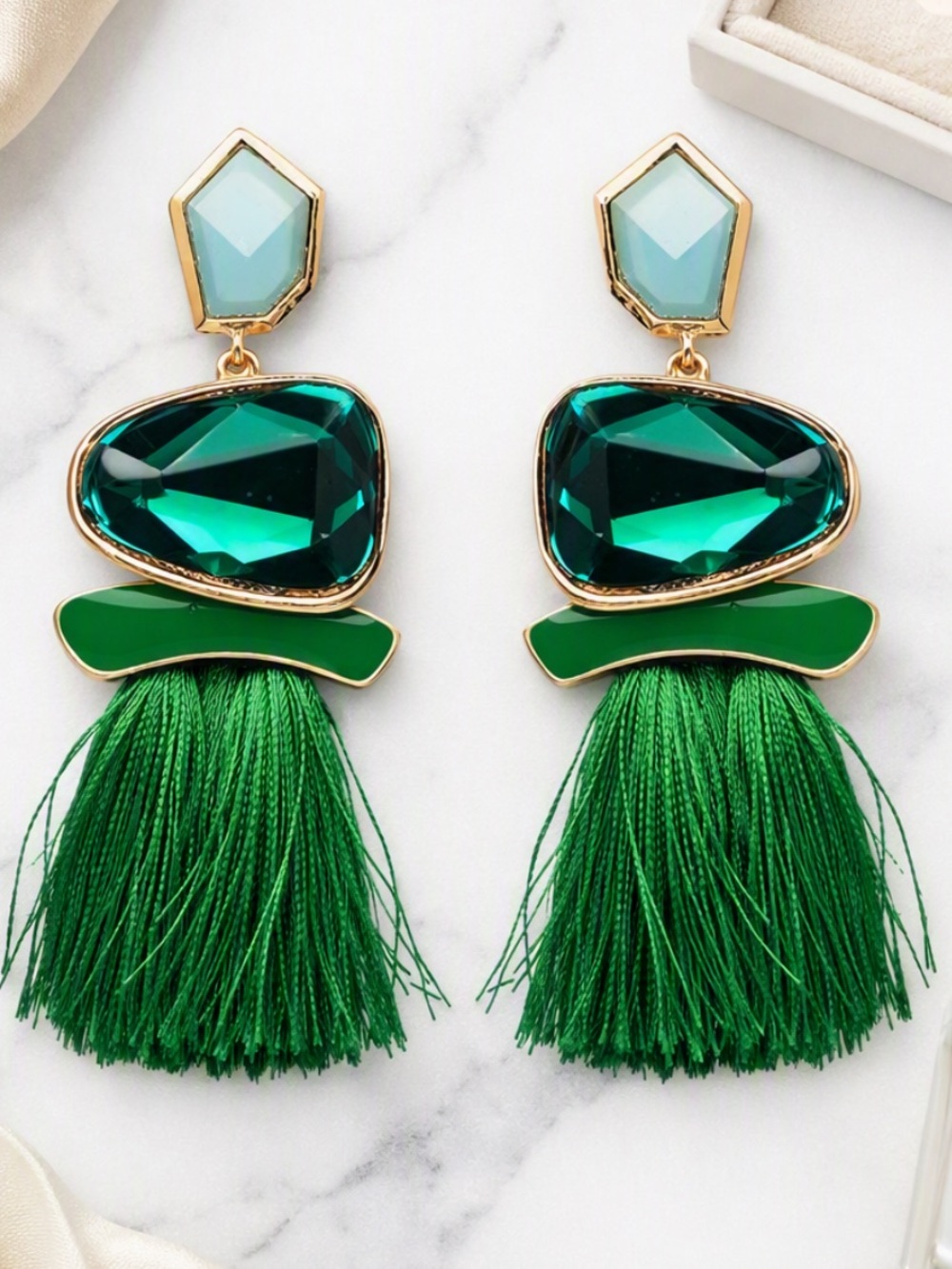 Whimsigoth Emerald Green Crystal Tassel Earrings Gold Statement Drop NWT